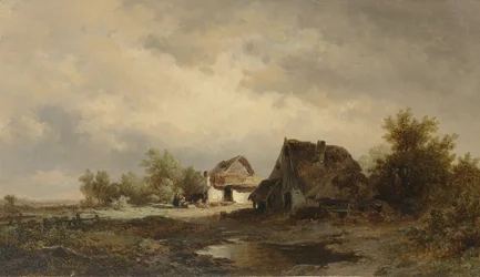 Landschap met hutten op de heide